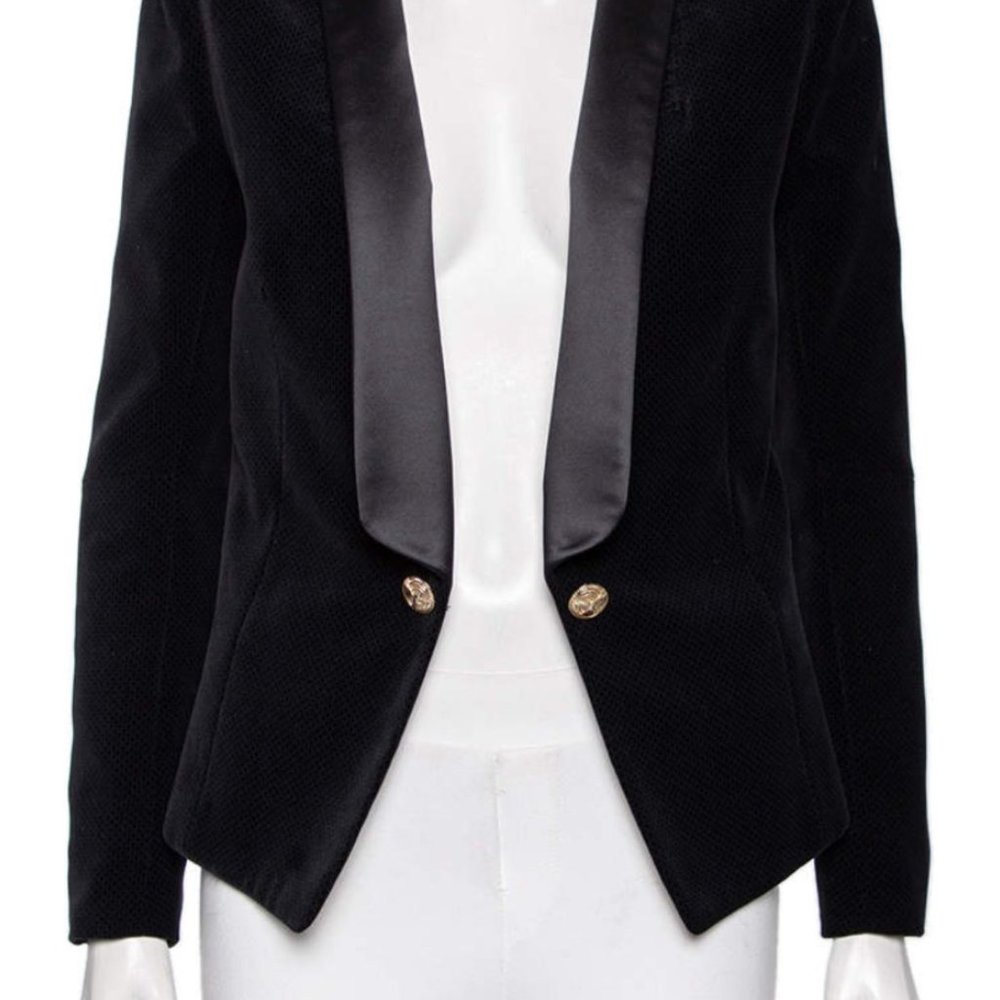 Balmain Black Jacquard Velvet & Satin Lapel Detail Open Front Size FR 40/US 10